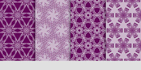 Set of seamless vector patterns. Purple color. Geometric floral pattern of lines and shapes. Modern design for backgrounds, wallpaper, invitations.のイラスト素材