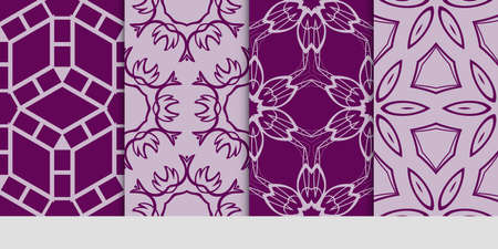 seamless art pattern set. Floral geometric style. Vector illustration. For interior design, fabric print, page fill, wallpaper, textile. purple colorのイラスト素材