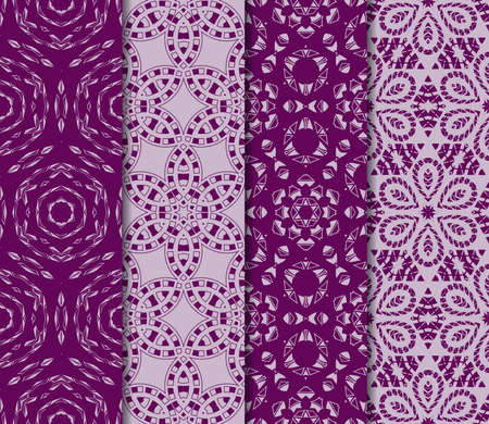set of 4 Seamless vector texture with an abstract pattern of intertwined curves, geometric shapes in floral style. For the design of greeting cards, gift packages, textile industry. purple colorのイラスト素材