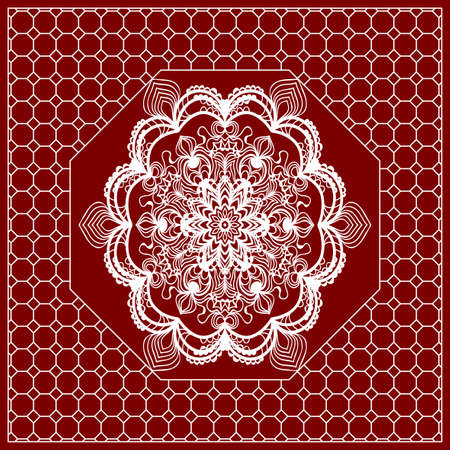 Red mandala background, geometric pattern with ornate lace frame. Vector illustration. for Scarf Print, Fabric, Covers, Scrapbooking, Bandana, Pareo, Shawl, Carpet design.のイラスト素材