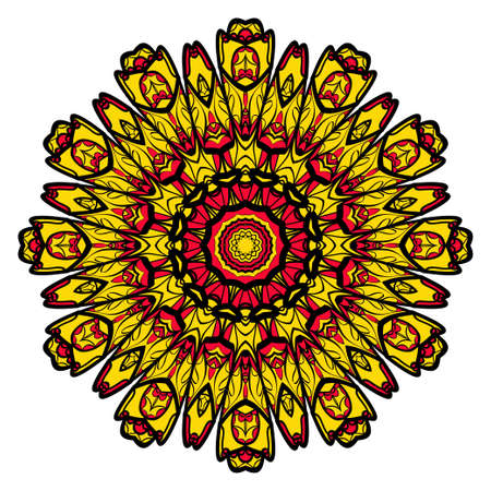 Circular yellow, red and black color flower ornament design.のイラスト素材