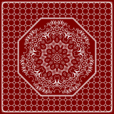 Red mandala background, geometric pattern with ornate lace frame. Vector illustration.のイラスト素材