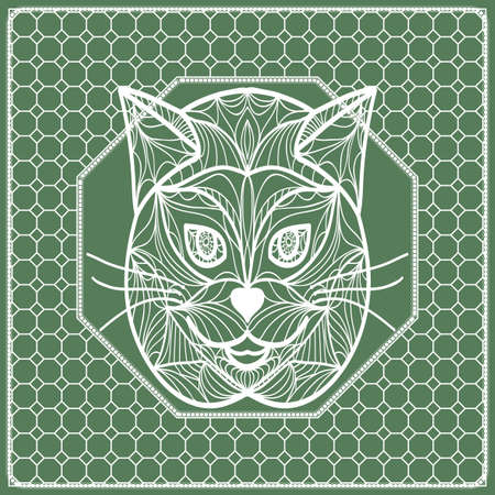 Square composition in geometric Lace Pattern with cat face. Floral Mandala Background for Scarf Print.のイラスト素材
