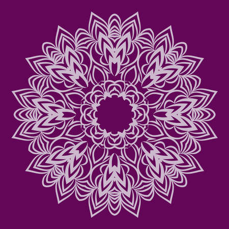 Purple ethnic pattern, mandala ornament. Lacy flower snowflake vector illustration.のイラスト素材