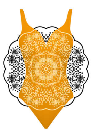 Design swimsuit with mandala ornament. Fashion vector illustration in orange color.のイラスト素材