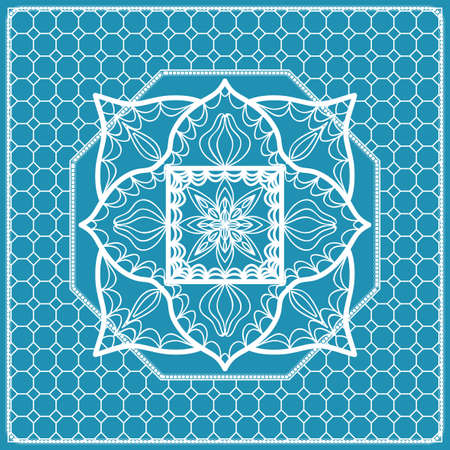 Design print with a geometric flower pattern from mandala vector illustration. Blue color for print bandana, nashnoy shawl, carpet, pillow.のイラスト素材