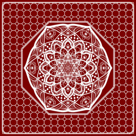 Red mandala background, geometric pattern with ornate lace frame. Vector illustration. for Scarf Print, Fabric, Covers, Scrapbooking, Bandana, Pareo, Shawl, Carpet design.のイラスト素材