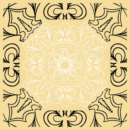 Vector illustration. Pattern with floral Mandala, Decorative Border. Design for print Fabric. Black, gold, white colorのイラスト素材
