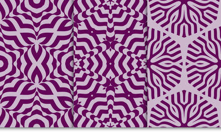 set of 3 seamless geometric pattern with abstract curve line. vector illustration. purple color