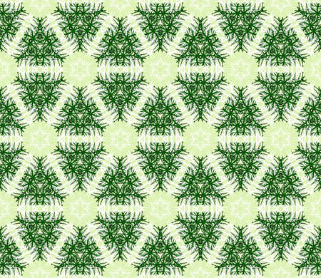 Seamless geometric pattern on a light green background with the image of green and white snowflakes.