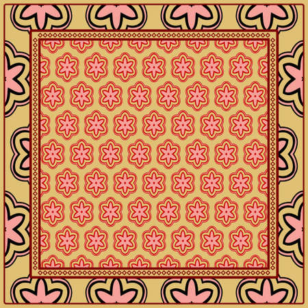 Template Print for Fabric. Pattern of floral geometric ornament with Border. illustration. Seamless. For Print Bandana, Shawl, Carpet.のイラスト素材