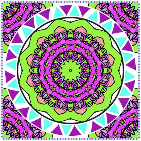 Design with abstract hand drawn floral color mandala pattern with decorative element. Vector illustration. Template design for card, shawl, bandanna, fashion print.のイラスト素材
