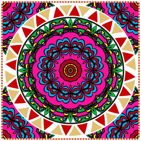 Design with abstract hand drawn floral color mandala pattern with decorative element. Vector illustration. Template design for card, shawl, bandanna, fashion print.のイラスト素材