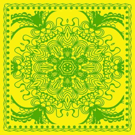 Decorative green color ornament on yellow background. Symmetric pattern with floral mandala. For Bandana, fabric printのイラスト素材