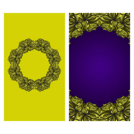 Visit Card Template With Floral Mandala Pattern. Vector Template. Islam, Arabic, Indian, Mexican Ottoman Motifs. Hand Drawn Background. Green, purple color.のイラスト素材
