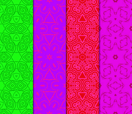 Green, red, purple color set of geometric seamless ornament. Vector illustration.のイラスト素材
