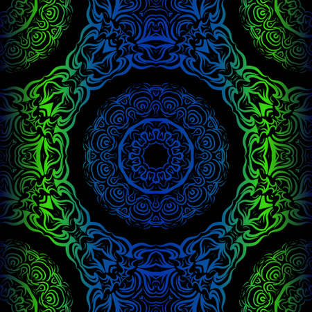 Mandala Seamless Floral Pattern. Design For Square Fashion Print. Vector Illustration. Blue, green colorのイラスト素材