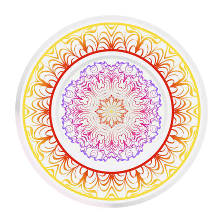 Decorative round mandala from floral elements. Vector illustration. Home decor, interior design. Set of 2 matching decorative plates for interior design. Purple, red, yellow gradient color.のイラスト素材