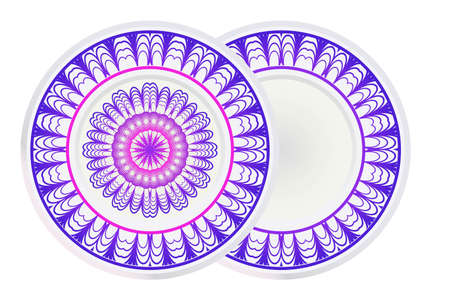 Set of 2 matching decorative plates for interior design with mandala floral ornament. Empty dish, porcelain plate mock up design. Vector illustration. Purple gradient color.のイラスト素材