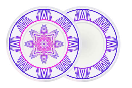 Mandala circular abstract floral lace pattern. Set of 2 matching decorative plates. Decorative mandala ornament. Vector illustration. Purple color.のイラスト素材
