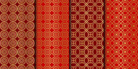 Set of Seamless Pattern With Abstract Geometric Style. Repeating Sample Figure And Line. Vector illustration. red gold colorのイラスト素材