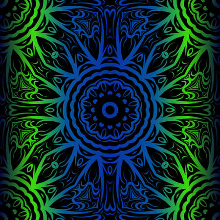 Mandala Seamless Floral Pattern. Design For Square Fashion Print. Vector Illustration. Blue, green colorのイラスト素材