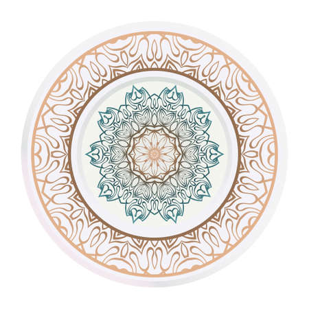 decorative plates for interior design. Empty dish, porcelain plate mock up design. Vector illustration. Decorative plates with Mandala ornament patterns. Home decor background. circle medalion, colorful kitchenのイラスト素材
