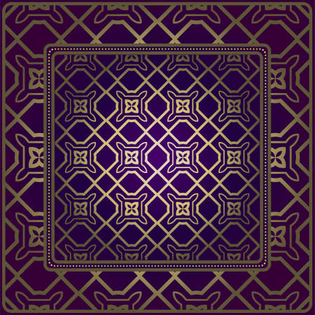 Decorative Ornament With Geometric Decoration. Symmetric Pattern . For Print Bandanna, Shawl, Tablecloth, Fabric Fashion, Scarf, Design. Purple, gold color.のイラスト素材