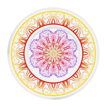 Decorative round mandala from floral elements. Vector illustration. Home decor, interior design. Set of 2 matching decorative plates for interior design. Purple, red, yellow gradient color.のイラスト素材