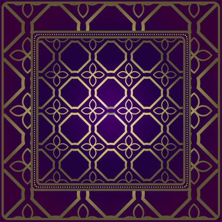 Design Of A Scarf With A Geometric Pattern . For Tablecloth, Fabric, Covers, Scrapbooking, Bandana, Pareo, Shawl. Vector Illustration. Purple, gold color.のイラスト素材
