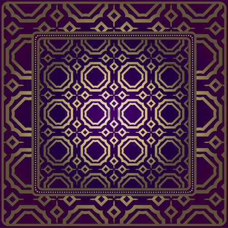 Design Of A Scarf With A Geometric Pattern . For Tablecloth, Fabric, Covers, Scrapbooking, Bandana, Pareo, Shawl. Vector Illustration. Purple, gold color.のイラスト素材