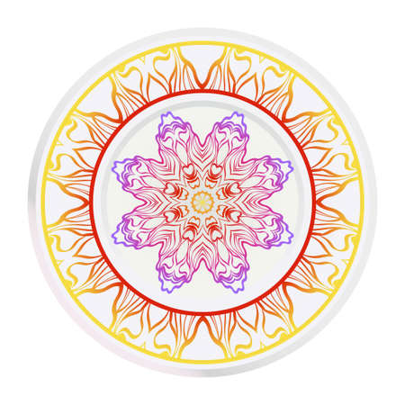 Decorative round mandala from floral elements. Vector illustration. Home decor, interior design. Set of 2 matching decorative plates for interior design. Purple, red, yellow gradient color.のイラスト素材