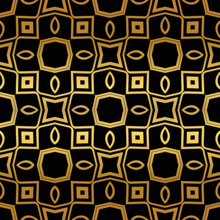 Luxury Geometric Pattern with art deco ornament. Seamless Vector Lines. Golden color on black background.のイラスト素材