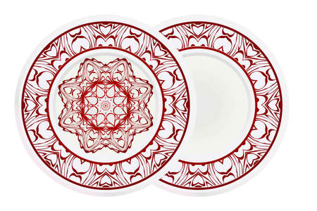 Mandala circular abstract floral lace pattern. Set of 2 matching decorative plates. Decorative mandala ornament. Vector illustrationのイラスト素材