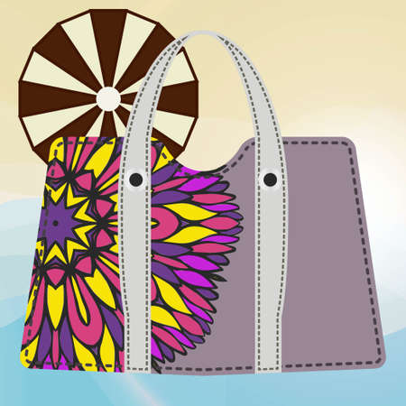 Woman bag with mandala ornament. Ladies handbags on summer backgroound. Fashion accessories. Vector illustrationのイラスト素材
