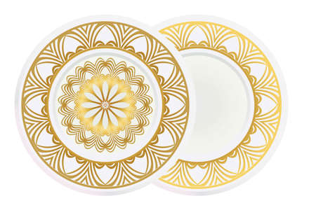 Set of 2 matching decorative plates for interior design. Empty dish, porcelain plate mock up design. Vector illustration. Decorative plates with Mandala ornament patterns. Home decor backgroundのイラスト素材