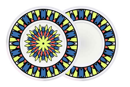 Set of 2 matching decorative plates for interior design. Tribal ethnic ornament with mandala. Home decor vector illustrationのイラスト素材