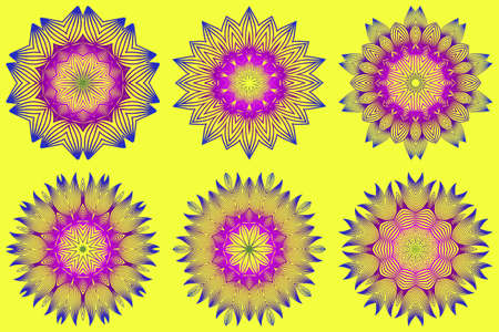 Set of Vector With Mandala Pattern. Repeating Sample Figure And Line. Modern Decorative Floral Color Mandala. Yellow purple color.のイラスト素材