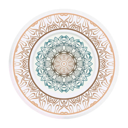 Plates for interior design. Porcelain plate with mandala ornament. Vector illustration. Isolated. Round geometric floral pattern. Interior decoration, home decor element.のイラスト素材