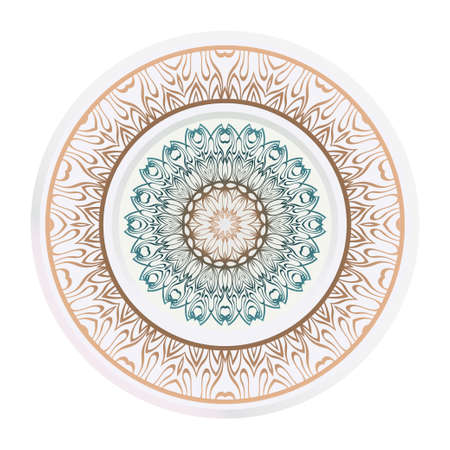 decorative plates for interior design. Empty dish, porcelain plate mock up design. Vector illustration. Decorative plates with Mandala ornament patterns. Home decor background.のイラスト素材