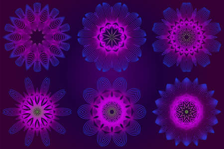 Set of Anti-Stress Therapy Pattern. Mandala. For Design Backgrounds. Vector Illustration. Can Be Used For Textile, Greeting Card, Coloring Book, Phone Case Print. Purple color.のイラスト素材