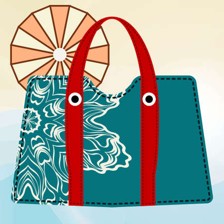 Women handbags in flat style. Fashionable bags on summer background. Decorative element mandala. Vector illustrationのイラスト素材