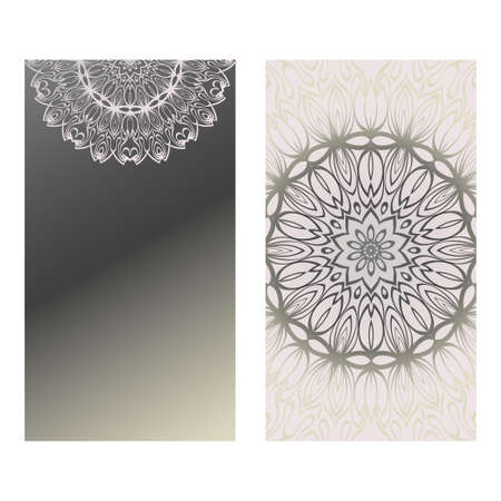 Design Vintage Cards With Floral Mandala Pattern And Ornaments. Vector Template. Islam, Arabic, Indian, Mexican Ottoman Motifs. Hand Drawn Background. Grey silver color.のイラスト素材
