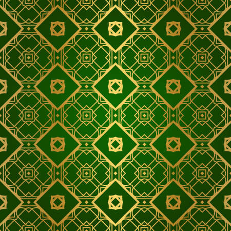 Luxury Seamless Geometrical Linear Texture. Original Geometrical Puzzle. Backdrop. Vector illustration. Green gold color. Design For Prints, Textile, Decor, Fabricのイラスト素材