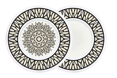 Matching decorative plates for interior designwith floral art deco pattern. Empty dish, porcelain plate mock up design. Vector illustration. White, grey color.のイラスト素材