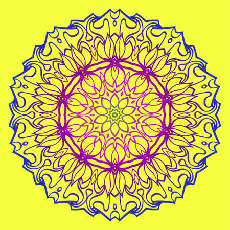 Beautiful Floral Mandala. Art Traditional, Islam, Arabic, Indian, Magazine, Elements With Mandala. Vector Illustration. Yellow purple color.のイラスト素材