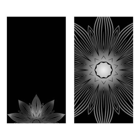 Design Vintage Cards With Floral Mandala Pattern And Ornaments. Vector Illustatration. The Front And Rear Side. Black silver color.のイラスト素材