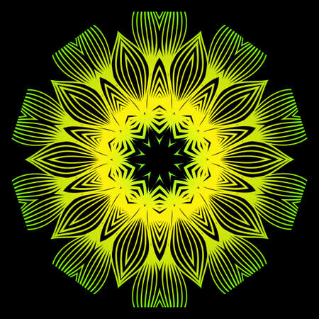 Round Pattern Flower Mandala. Circle Floral Ornament. Decorative Illustration. Black green yellow colorのイラスト素材