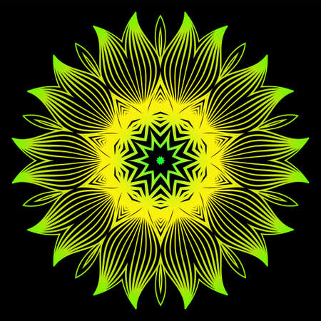Round Pattern Flower Mandala. Circle Floral Ornament. Decorative Illustration. Black green yellow colorのイラスト素材