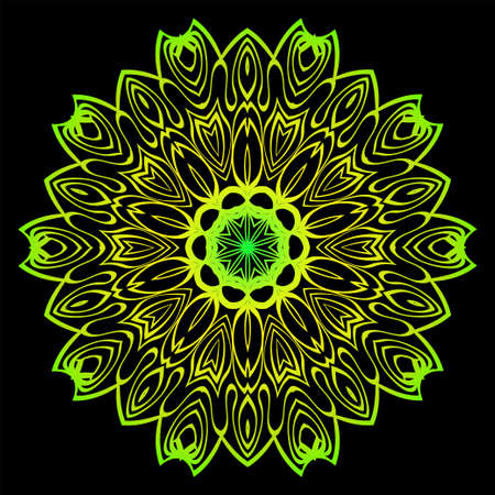 Design With Floral Mandala Ornament. Vector Illustration. For Coloring Book, Greeting Card, Invitation, Tattoo. Anti-Stress Therapy Pattern. Black, green color.のイラスト素材